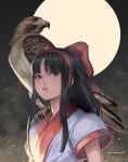  ainu_clothes animal animal_on_shoulder bird bird_on_shoulder black_hair blue_eyes bow commentary flat_chest full_moon hair_bow hairband hawk hime_cut lips mamahaha moon nakoruru nose realistic red_bow red_hairband rejean_dubois samurai_spirits sidelocks solo_focus 