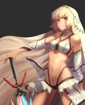 absurdres altera_(fate) bangs bare_shoulders black_background blunt_bangs breasts choker closed_mouth collarbone commentary_request dark_skin detached_sleeves expressionless fate/grand_order fate_(series) fingernails full_body_tattoo headdress highres hips holding holding_sword holding_weapon jdw jewelry legs midriff navel photon_ray red_eyes revealing_clothes showgirl_skirt simple_background skirt small_breasts solo standing stomach stomach_tattoo sword tattoo thighs veil weapon white_hair white_skirt 