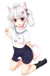  :o ahoge animal_ear_fluff animal_ears bad_id bad_twitter_id between_legs black_legwear blue_scrunchie blue_skirt blush breasts cat_ears cat_girl cat_tail collarbone commentary full_body hair_ornament hair_rings hair_scrunchie hairclip hand_up head_tilt highres holding_own_tail kneeling looking_at_viewer necktie no_shoes original parted_lips pleated_skirt red_eyes sailor_collar sakuraba_hikaru_(loveindog) school_uniform scrunchie serafuku shirt short_necktie short_sleeves sidelocks silver_hair simple_background skirt small_breasts socks soles solo sugimura_runa tail tail_between_legs translated two_side_up v white_background white_neckwear white_sailor_collar white_shirt 