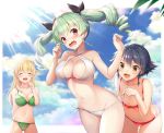  :d ^_^ anchovy assisted_exposure bikini black_hair blonde_hair blue_sky blush braid breasts brown_eyes carpaccio chacharan cleavage closed_eyes commentary_request cowboy_shot criss-cross_halter day drill_hair embarrassed eyebrows_visible_through_hair girls_und_panzer green_bikini green_hair halterneck hand_to_own_mouth large_breasts lens_flare light_rays medium_breasts multiple_girls navel open_mouth outdoors pepperoni_(girls_und_panzer) red_bikini red_eyes short_hair side-tie_bikini side_braid sky smile sunbeam sunlight sweatdrop swimsuit twin_drills twintails untied_bikini_bottom untying wavy_mouth white_bikini 