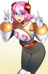  1girl android belt blue_eyes blush cowboy_shot double_v embarrassed female gloves hair_between_eyes hand_gesture headgear hips leaning_forward microphone multicolored_hair nana_(rockman_x) open_mouth pink_hair rockman rockman_x rockman_x_command_mission simple_background two-tone_hair ukimukai v white_background white_gloves white_hair 