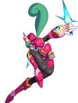  android armor ass blue_eyes boots breasts commentary_request energy_blade energy_sword gloves green_hair helmet holding holding_weapon knee_boots leg_up leotard long_hair looking_back marino ninja outstretched_arm pantyhose pink_footwear ponytail rockman rockman_x rockman_x_command_mission simple_background smile solo sword ukimukai weapon white_background white_gloves 