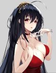  ahoge alcohol augu_(523764197) azur_lane bangs bare_shoulders black_hair blush breasts choker cleavage collarbone commentary_request cup dress drinking_glass eyebrows_visible_through_hair glass hair_between_eyes hair_ornament large_breasts long_hair looking_at_viewer red_dress red_eyes solo taihou_(azur_lane) very_long_hair wine wine_glass 