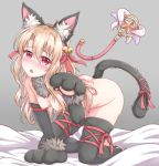  absurdres all_fours animal_ears bell black_gloves black_hairband black_legwear blonde_hair blush breasts cat_ears cat_tail choker elbow_gloves eyebrows_visible_through_hair fake_animal_ears fate/kaleid_liner_prisma_illya fate_(series) full_body gloves grey_background hair_between_eyes hair_ribbon hairband highres illyasviel_von_einzbern long_hair looking_at_viewer magical_ruby nipples open_mouth paw_gloves paws pet_play pixiv_fate/grand_order_contest_2 red_eyes red_ribbon ribbon sheath simple_background small_breasts solo tail thigh_ribbon thighhighs zongren 