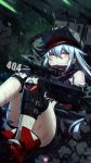  absurdres artist_logo assault_rifle bangs blurry blurry_background blush blush_stickers boots brown_eyes bullpup closed_mouth commentary_request convenient_leg dirty explosion eyebrows_visible_through_hair g11 g11_(girls_frontline) girls_frontline gun hair_between_eyes hat heckler_&amp;_koch highres holding holding_weapon jacket knee_pads knees_together_feet_apart long_hair looking_at_viewer mahousho one_eye_closed open_clothes open_mouth rain rifle scarf scarf_on_head scope shin_strap shirt shorts shoulder_cutout sidelocks silver_hair single_legging sitting smoke solo sweatdrop thigh_strap very_long_hair weapon wet 