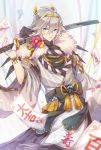  black_bow blue_eyes bow detached_sleeves flower gloves grey_hair hairband kasuka108 looking_at_viewer lycanroc male_focus ofuda personification pokemon sheath sheathed solo standing sword thick_eyebrows weapon white_gloves wide_sleeves 