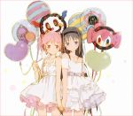  akemi_homura balloon bangs character_balloon charlotte_(madoka_magica) collarbone cowboy_shot dress eyebrows_visible_through_hair grief_seed hair_ribbon hairband hakusai_(tiahszld) heart_balloon holding holding_balloon holding_hands kaname_madoka long_hair looking_at_viewer mahou_shoujo_madoka_magica multiple_girls off-shoulder_dress off_shoulder pink_eyes pink_hair polka_dot purple_eyes red_ribbon ribbon shoulder-to-shoulder side-by-side smile soul_gem striped twintails white_dress 