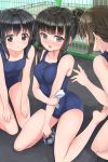  bang_dream! barefoot black_eyes blush breasts brown_eyes brown_hair character_request commentary_request goggles goggles_removed hair_bun highres kneeling long_hair multiple_girls naitou_kirara old_school_swimsuit one-piece_swimsuit open_mouth school_swimsuit shirokane_rinko short_hair sitting swimsuit 