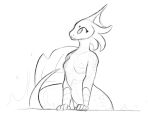  5_fingers :3 anthro arched_back big_tail black_and_white breasts dragon eyebrows eyelashes female guide_lines line_art monochrome nude qualzar scalie simple_background smile solo standing western_dragon white_background 