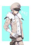 belt blue_background blue_eyes brown_hat brown_jacket brown_pants fur_trim hand_on_hip hat jacket kasuka108 light_brown_hair looking_at_viewer lycanroc male_focus pants personification pocket pokemon pouch shirt simple_background standing thigh_strap white_shirt 