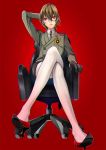  akechi_gorou brown_hair chair crossdressing crossed_legs from_below gloves hand_behind_head high_heels lipstick looking_at_viewer makeup mitsuha_(bless_blessing) necktie office_chair pale_skin pantyhose persona persona_5 red_background red_eyes short_hair simple_background sitting skirt solo uniform 
