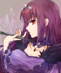  bangs breasts brown_background cleavage collarbone commentary_request crystal dress fate/grand_order fate_(series) fur_trim hanasaki_nm jewelry large_breasts long_hair looking_at_viewer purple_dress purple_hair red_eyes scathach_(fate)_(all) scathach_skadi_(fate/grand_order) solo tiara upper_body wand 