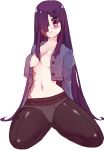  black_legwear blush breasts burn_scar commentary english_commentary hair_over_one_eye ikezawa_hanako jacket katawa_shoujo kneeling light_smile long_hair looking_at_viewer medium_breasts navel no_bra no_pants open_clothes open_jacket panties panties_under_pantyhose pantyhose purple_eyes purple_hair rtil scar simple_background solo underwear very_long_hair white_background white_panties 