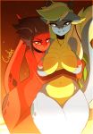  2018 anthro areola breasts calescent_(civibes) campfire_(character) civibes clothed clothing digital_media_(artwork) dragon duo female fire green_eyes green_hair grumpy hair horn lava long_hair looking_at_viewer nipples nude outside scalie smile 