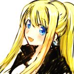  :d bangs blonde_hair blue_eyes blush close-up dutch_angle earrings eyebrows_visible_through_hair eyelashes face fullmetal_alchemist glowing_earrings happy jacket jewelry long_hair looking_at_viewer looking_up open_mouth ponytail shirt simple_background smile solo tsukuda0310 upper_body white_background white_shirt winry_rockbell 