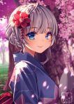  bangs blue_eyes blunt_bangs blurry braid cherry_blossoms closed_mouth commentary commission day depth_of_field english_commentary eyebrows_visible_through_hair fan flower hair_flower hair_ornament japanese_clothes kimono law_of_creation monster_girl murmoruno outdoors paper_fan petals silver_hair smile solo sunlight tree uchiwa upper_body yukata 