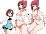  &gt;:) ass bangs bare_arms bare_shoulders bikini blue_swimsuit blush breasts brown_hair casual_one-piece_swimsuit closed_mouth collarbone eyebrows_visible_through_hair green_eyes hair_bun medium_breasts multiple_girls multiple_views one-piece_swimsuit orange_bikini polka_dot polka_dot_swimsuit red_eyes red_hair sagimori_arata saki saki_achiga-hen see-through shirt shisoneri short_sleeves sitting smile standing standing_on_one_leg swimsuit tied_shirt usuzawa_sae v-shaped_eyebrows wet wet_clothes wet_shirt white_shirt 