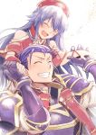  1girl armor blue_hair carrying closed_eyes commentary_request father_and_daughter fire_emblem fire_emblem:_fuuin_no_tsurugi fire_emblem:_rekka_no_ken fire_emblem_heroes gauntlets grin hat hector_(fire_emblem) highres holding_hands lilina long_hair nakabayashi_zun open_mouth red_hat short_hair shoulder_armor shoulder_carry simple_background smile white_background 