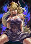  abs arm_at_side armlet artist_name bangs bare_shoulders black_collar black_nails blonde_hair blue_eyes bowsette bracelet breasts chain cleavage collar collarbone commentary_request covered_nipples crown dress earrings eyebrows fangs fingernails fishnet_legwear fishnets hair_between_eyes half-closed_eye hand_on_own_chest hand_up head_tilt highres horns jewelry large_breasts lips long_hair looking_at_viewer mario_(series) nail_polish naughty_face navel new_super_mario_bros._u_deluxe parted_bangs parted_lips pointy_ears purple_dress see-through sharp_fingernails sidelocks sitting slit_pupils smile solo spiked_armlet spiked_bracelet spiked_collar spiked_tail spikes spread_legs stomach strapless strapless_dress super_crown taiga_(koisunege1255) tail teeth thighhighs toned turtle_shell 