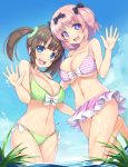  beach bikini blue_eyes blue_sky bow breasts brown_hair cleavage collarbone commentary_request day front-tie_top hair_bow hibari_(senran_kagura) highres kageira large_breasts minori_(senran_kagura) multiple_girls navel ocean outdoors pink_hair plant senran_kagura short_twintails side-tie_bikini sky stomach striped striped_bikini swimsuit symbol-shaped_pupils twintails 