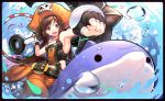  anchor animal armpits breasts brown_eyes brown_hair commentary_request dolphin fingerless_gloves gloves guilty_gear guilty_gear_xrd hat huge_weapon long_hair looking_at_viewer may_(guilty_gear) migumigu navel one_eye_closed orange_hat orca outdoors pirate_hat riding sideboob sky small_breasts water weapon 