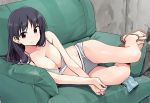  bare_arms bare_legs bare_shoulders black_hair blush bra breasts brown_footwear cleavage closed_mouth collarbone couch grey_bra grey_panties large_breasts long_hair looking_at_viewer lying on_couch on_side own_hands_together panties red_eyes saki saki_achiga-hen sandals shimizudani_ryuuka shisoneri smile solo toenails underwear underwear_only 