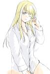  arm_at_side bangs blonde_hair blue_eyes breasts cowboy_shot expressionless eyebrows_visible_through_hair eyelashes finger_to_face fingernails fullmetal_alchemist head_tilt long_hair long_sleeves looking_away one_eye_closed open_mouth see-through shirt simple_background sleepy solo thighs tsukuda0310 upper_body white_background white_shirt winry_rockbell 