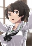  backlighting bangs black_neckwear blouse brown_eyes brown_hair commentary eyebrows_visible_through_hair foreshortening girls_und_panzer indoors jack_hamster koyama_yuzu long_sleeves looking_at_viewer neckerchief one_eye_closed ooarai_school_uniform reaching_out school_uniform self_shot serafuku short_hair short_ponytail solo sweat upper_body white_blouse window 