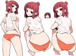  :&gt; ass bangs bikini blush breasts brown_hair butt_crack chibi closed_mouth eyebrows_visible_through_hair green_eyes hair_bun looking_at_viewer looking_back medium_breasts multiple_girls multiple_views orange_bikini parted_lips red_hair sagimori_arata saki saki_achiga-hen see-through shirt shisoneri short_sleeves simple_background smile sweat swimsuit tied_shirt usuzawa_sae wet wet_clothes wet_shirt white_background white_shirt |_| 