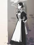  apron cigarette hair_bun hand_on_hip long_skirt maid maid_apron maid_headdress original short_hair skirt smoking unica victorian_maid 