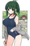  :d antenna_hair bangs bare_arms bare_legs bare_shoulders barefoot blue_swimsuit blush breasts brown_hair chibi collarbone day drawstring drill_hair eyebrows_visible_through_hair green_eyes green_hair grey_jacket hair_between_eyes hood hood_down hooded_jacket jacket large_breasts long_sleeves looking_at_viewer multiple_girls off_shoulder one-piece_swimsuit open_mouth parted_lips river saki school_swimsuit shisoneri sidelocks sitting sleeves_past_wrists smile standing swimsuit takimi_haru twintails usuzumi_hatsumi water |_| 