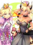  2girls absurdres adapted_costume aqua_earrings artist_name bangs bare_shoulders black_dress blonde_hair blue_eyes blush bowsette bracelet breasts brooch cabbie_hat cleavage clenched_hands collar commentary_request cover cover_page cowboy_shot crown doujin_cover dress elbow_gloves eyebrows_visible_through_hair gloves grey_dress hand_in_hair hand_on_hip hand_to_own_mouth hands_up hat highres horns jewelry long_ponytail long_sleeves looking_at_another mario mario_(series) medium_breasts mineta_naoki multiple_girls new_super_mario_bros._u_deluxe open_mouth overalls pink_dress princess_peach puffy_short_sleeves puffy_sleeves purple_earrings purple_eyes raised_eyebrow red_hat red_shirt sharp_teeth shiny shiny_clothes shiny_hair shiny_skin shirt short_hair short_sleeves side_slit sidelocks small_breasts smile spiked_bracelet spiked_collar spiked_shell spiked_tail spiked_thighlet spikes strapless strapless_dress super_crown sweatdrop tail teeth thick_eyebrows thighs thinking toned translation_request upset waist_cape white_background white_gloves wide_ponytail 