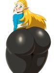  1girl ass blonde_hair blue_shirt blush braid from_behind green_eyes huge_ass long_hair looking_back mechacross nintendo open_mouth pants princess_zelda shiny shiny_clothes shiny_hair shirt solo the_legend_of_zelda the_legend_of_zelda:_breath_of_the_wild tight tight_pants white_background 