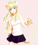  :o animal_ears bangs bare_arms bare_shoulders blonde_hair blue_eyes blush blush_stickers cat_ears cat_paws cat_tail cowboy_shot expressionless eyebrows_visible_through_hair floating_hair fullmetal_alchemist head_tilt long_hair looking_at_viewer open_mouth paws pink_background polka_dot polka_dot_background ponytail shirt simple_background skirt sleeveless sleeveless_shirt solo standing tail teeth thighs tsukuda0310 upper_body white_shirt winry_rockbell 