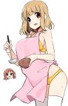  :d apron bare_arms bare_shoulders bikini blue_eyes blush bowl breasts brown_eyes brown_hair chibi fukuji_mihoko heterochromia holding holding_bowl ladle large_breasts leaning_forward light_brown_hair long_hair multiple_girls nearly_naked_apron open_mouth pink_apron saki shisoneri smile solo_focus standing sweat swimsuit takei_hisa thighhighs v-shaped_eyebrows wavy_mouth white_legwear yellow_bikini 