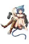  animal_ears black_jacket blue_hair boots breasts brown_eyes brown_footwear cat_ears cat_tail celesto_medus claws eyepatch full_body jacket jacket_removed jewelry jewelry_removed knees_up knife large_breasts looking_at_viewer necklace necklace_removed official_art renkai_frontier short_hair sitting solo tail thigh_strap tomoya_asano transparent_background 