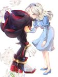  1girl blonde_hair blue_dress blue_footwear blue_headband dress embarrassed forehead_kiss kiss long_hair maria_robotnik shadow_the_hedgehog sonic_the_hedgehog tondamanuke 