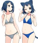  :&lt; ;3 ;d animal_ears bangs bare_arms bare_shoulders bikini blue_bikini blue_eyes blue_hair blush cat_ears cat_girl cat_tail collarbone eyebrows_visible_through_hair fang flower grey_bikini hair_ornament hairclip hand_up hands_up head_tilt ikeda_kana multiple_views navel one_eye_closed open_mouth paw_pose plaid plaid_bikini saki shisoneri simple_background smile standing swimsuit tail white_background white_flower 