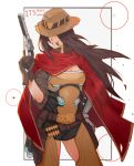  belt border breasts brown_gloves brown_hair cape cigar commentary covered_eyes cowboy_hat cowboy_shot english english_commentary facing_viewer genderswap genderswap_(mtf) gloves grey_border grin gun hand_on_hip hand_up handgun hat hat_over_eyes highres holding holding_gun holding_weapon holster long_hair mccree_(overwatch) mechanical_arm open_mouth overwatch revolver short_sleeves simple_background smile smoking solo standing weapon white_background xu_rui 