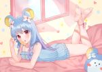  animal_ear_fluff animal_ears bangs bare_arms bare_shoulders barefoot bear_ears bed_sheet blue_camisole blue_flower blue_hair blue_shorts blue_sky blush blush_stickers braid camisole candy cloud cloudy_sky collarbone crescent crescent_necklace curtains day eyebrows_visible_through_hair feet fingernails flower food gradient_hair hair_between_eyes hair_flower hair_ornament hand_up head_tilt heart holding holding_food holding_lollipop jewelry kubong lollipop long_hair looking_at_viewer lying md5_mismatch multicolored_hair necklace on_stomach original pink_flower purple_hair red_eyes red_ribbon ribbon short_shorts shorts side_braids sky soles solo striped swirl_lollipop transparent twin_braids vertical-striped_shorts vertical_stripes window 
