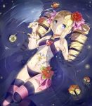  afloat beads beatrice_(re:zero) blonde_hair blue_eyes bow breasts commentary drill_hair eating flower hair_bow hair_flower hair_ornament highres long_hair looking_at_viewer lying navel on_back partially_submerged pedo0201 pink_bow pink_legwear pocket_watch re:zero_kara_hajimeru_isekai_seikatsu red_flower small_breasts solo striped striped_legwear thighhighs watch water 