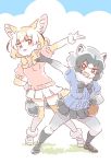  :3 :d animal_ears arm_up black_footwear black_gloves black_hair black_neckwear black_skirt blonde_hair bow bowtie breast_pocket brown_eyes cloud commentary_request common_raccoon_(kemono_friends) day extra_ears eyebrows_visible_through_hair fang fennec_(kemono_friends) fox_ears fox_tail fur_collar fur_trim gloves green_hat hand_on_hip hat kemono_friends miniskirt mitsumoto_jouji multiple_girls open_mouth outdoors pantyhose pleated_skirt pocket raccoon_ears raccoon_tail short_sleeves skirt sky smile tail tail_wrap thighhighs white_footwear white_gloves white_legwear white_skirt yellow_legwear yellow_neckwear zettai_ryouiki 