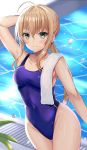  ahoge arm_up armpits artoria_pendragon_(all) bangs blonde_hair blue_swimsuit blush breasts collarbone commentary_request cowboy_shot day eyebrows_visible_through_hair fate/stay_night fate_(series) green_eyes groin hair_tie hand_behind_head harimoji highres leaf looking_at_viewer low_ponytail medium_breasts one-piece_swimsuit ponytail poolside saber sidelocks smile solo swimsuit taut_clothes taut_swimsuit thighs towel water_drop wet 