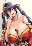  ahoge azur_lane bangs bare_shoulders between_breasts black_hair blush bottle breasts cleavage collarbone commentary_request dated eyelashes floral_print hair_between_eyes hair_ornament hair_ribbon highres huge_breasts japanese_clothes kimono long_hair looking_at_viewer obi off_shoulder open_mouth red_eyes red_kimono ribbon sash simple_background smile solo taihou_(azur_lane) twintails very_long_hair wide_sleeves yoohi 