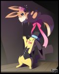  2018 3_toes clothing dancing eevee female flower fluffy fluffy_tail fur happy hat light long_ears long_tail looking_down male male/female mammal nervous nintendo pikachu plant pok&eacute;mon pok&eacute;mon_(species) ribbons rodent simple_background smile spotlight stage toes top_hat vest video_games wicketrin worried yellow_fur 