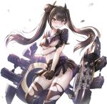  arm_under_breasts bangs black_gloves black_legwear black_sailor_collar black_serafuku black_shirt black_skirt blush bow breast_hold breasts brown_eyes brown_hair commentary eyebrows_visible_through_hair girls_frontline gloves hair_bun headgear long_hair looking_at_viewer medium_breasts navel nose_blush ouroboros_(girls_frontline) pleated_skirt qian_wu_atai sailor_collar school_uniform serafuku shirt short_sleeves side_bun simple_background skirt solo thighhighs torn_clothes torn_legwear torn_shirt torn_skirt twintails underboob v-shaped_eyebrows very_long_hair white_background white_bow 