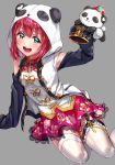  :d aqua_eyes arm_support armpit_peek bangs blush chinese_clothes commentary_request eyebrows_visible_through_hair floral_print garter_straps grey_background hair_ornament hairclip hand_up heart hood hood_up kurosawa_ruby lace lace-trimmed_skirt long_sleeves looking_at_viewer love_live! love_live!_sunshine!! open_mouth panda panda_hood pink_skirt print_skirt red_hair shoulder_cutout simple_background sitting skirt sleeves_past_fingers sleeves_past_wrists smile solo thighhighs upper_teeth usamaru67pi white_legwear 