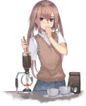  bangs blue_eyes brown_hair bunsen_burner coffee coffee_beans coffee_mug collared_shirt commentary_request cup denim eyebrows_visible_through_hair hand_to_own_mouth highres jeans long_hair mug original otoko_no_ko pants shirt sidelocks simple_background solo starbucks sweater_vest weiyinji_xsk white_background white_shirt wooden_spoon 
