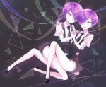  amethyst_(houseki_no_kuni) androgynous asymmetrical_hair braid colored_eyelashes crystal_hair full_body gem_uniform_(houseki_no_kuni) hair_over_one_eye hand_on_another's_hip hand_on_another's_shoulder highres holding_hands houseki_no_kuni interlocked_fingers looking_at_another multiple_others necktie nekotamago purple_eyes purple_hair siblings smile suspenders twins 