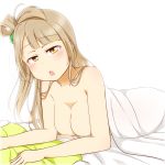  10s 1girl bed bed_sheet blush breasts brown_eyes eyebrows_visible_through_hair feitonokesin grey_hair half-closed_eyes hanging_breasts large_breasts long_hair looking_at_viewer love_live! love_live!_school_idol_project lying minami_kotori nude on_stomach open_mouth simple_background solo white_background 
